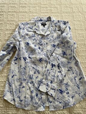 Talbots White and Blue Floral Button-Front Blouse